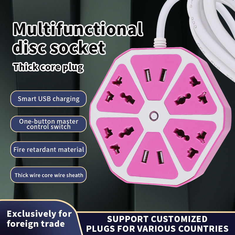 Premium Multifunctional Disc Extension Socket – 6 Universal Outlets with 2 Smart USB Ports