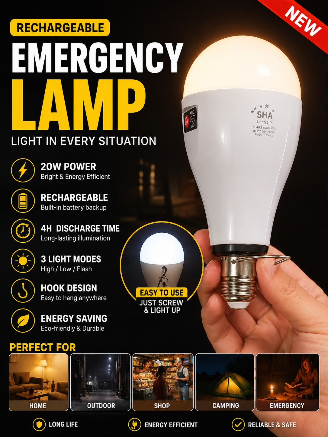 💡 20W Rechargeable Emergency LED Bulb | 3 Light Modes with Hanging Hook