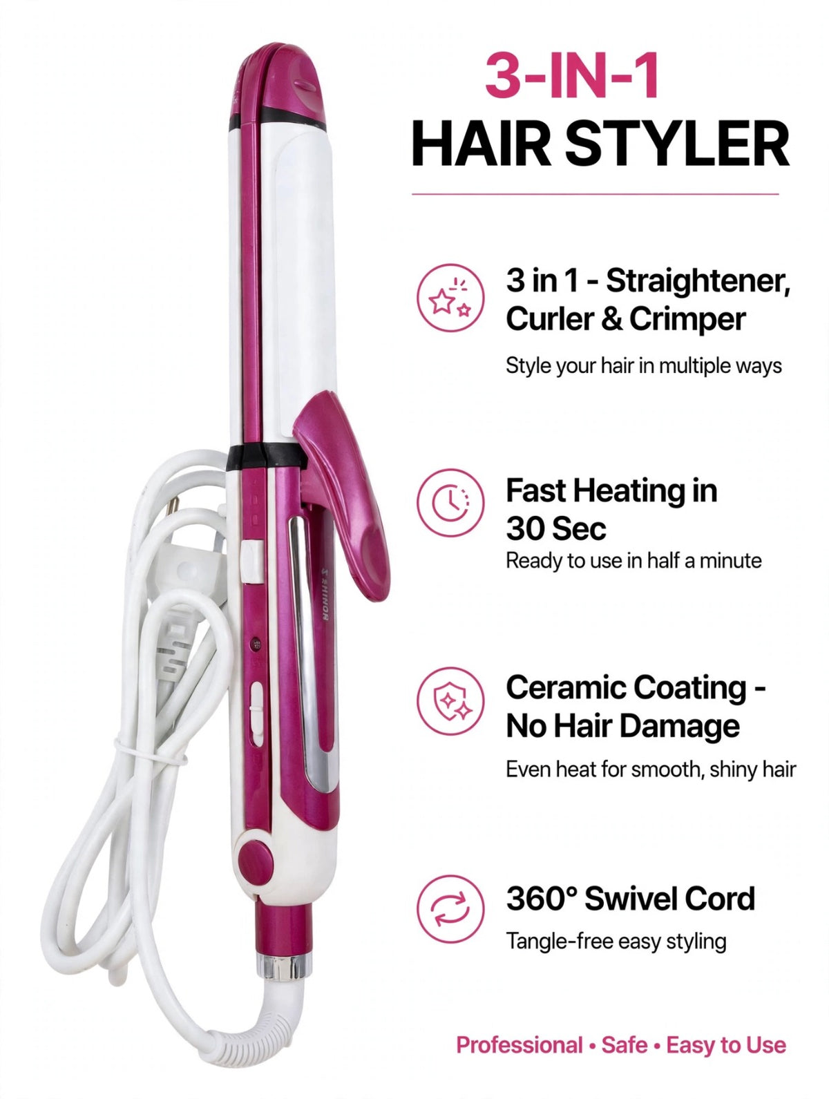 Shinon 3-in-1 Hair Styler - Hair Straightener, Curler & Crimper | Fast Heating Ceramic Styler
